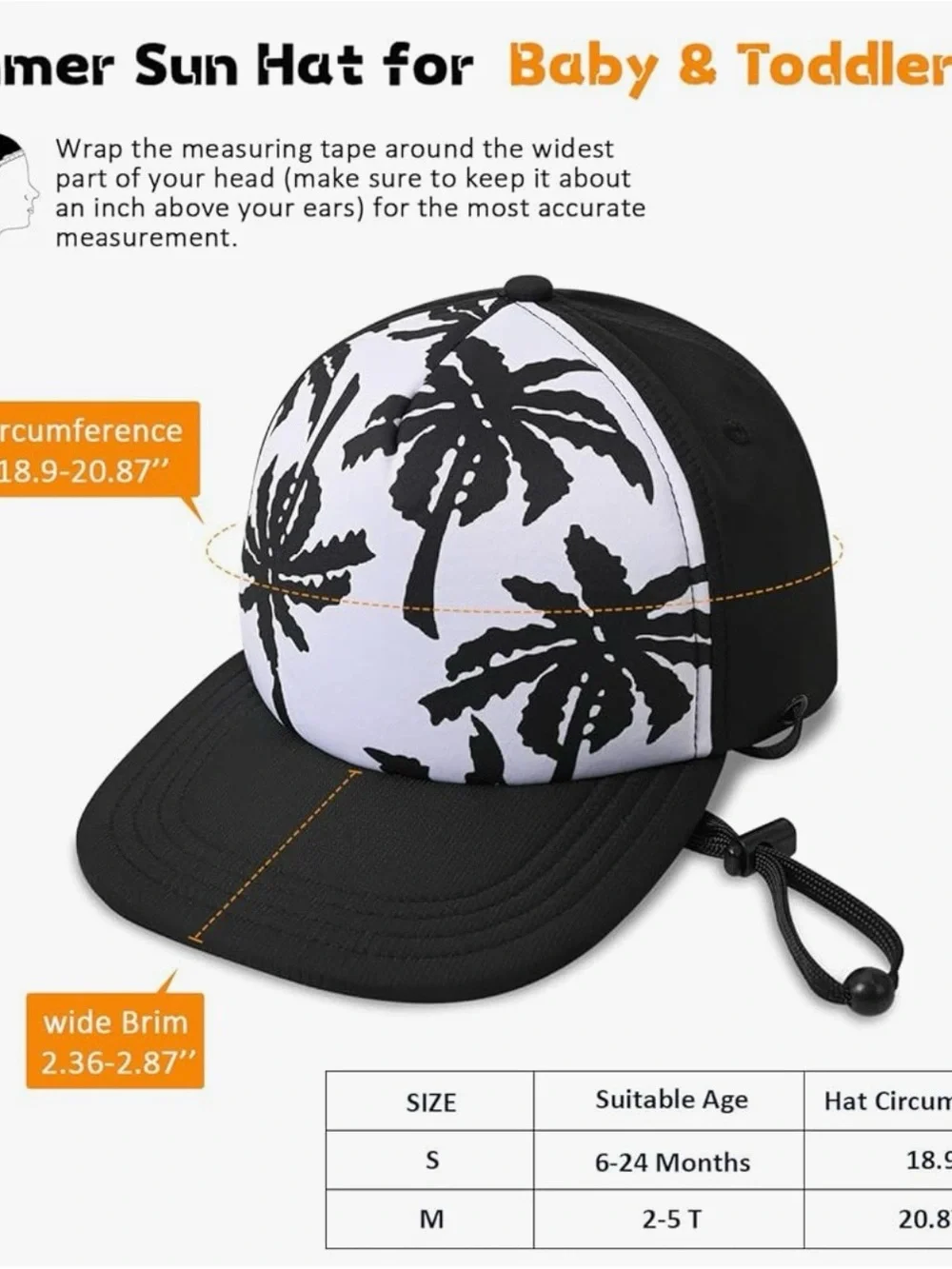 Swim Hat Black White Palm Trees Kids Medium 2-5 years Floats